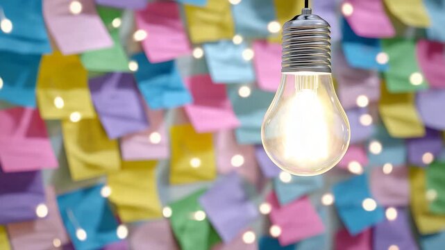 Creative studio shot with scattered sticky notes, markers, and central illuminated lightbulb, vibrant colors enhancing the collaborative brainstorming mood