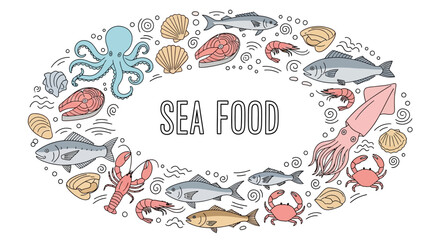 Colorful vector illustration showcasing a diverse collection of popular seafood items arranged in an elegant oval frame, ideal for food-related graphics and culinary themes
