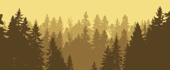 misty golden forest silhouette with layered evergreen trees