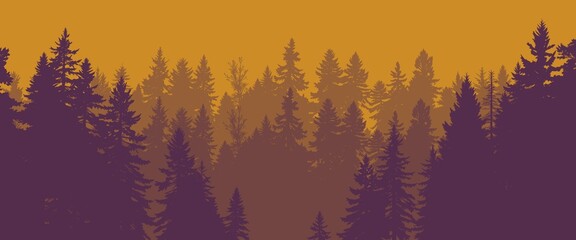 a silhouette of a dense coniferous forest against a muted golden sunset