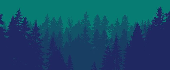 silhouette of a dense pine forest against a gradient teal and blue sky