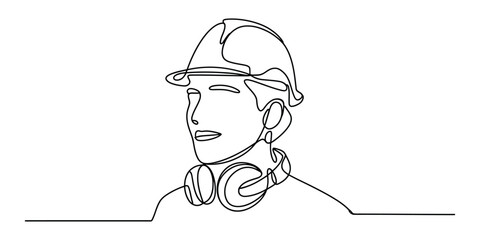 Minimalist continuous line drawing of a person wearing a hard hat and headphones vector