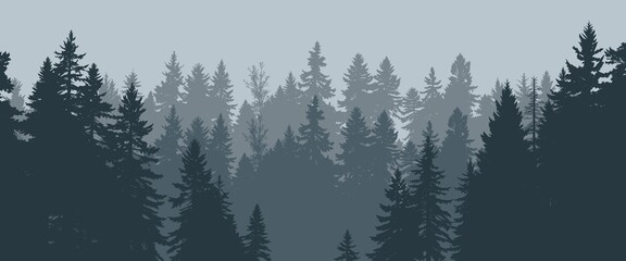 a serene silhouette of a coniferous forest shrouded in a misty blue haze