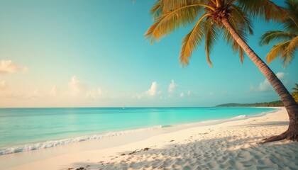 Fototapeta premium Tropical paradise view with palm trees on white sand beach. Turquoise ocean water meets peaceful blue sky horizon. Summer vacation destination at sea coast. Scenic landscape evokes calming mood.