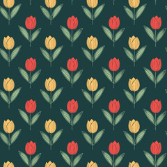 Seamless pattern with textured red and yellow tulips.