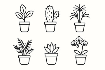 Obraz premium A set of 6 black and white line icons of indoor plants in pots. All plants are in identical simple pots. The style is clean, minimalistic, without fill, on a white background.