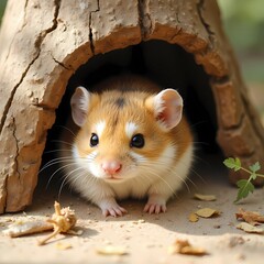 Cute hamster peeking out from wooden burrow in natural setting  