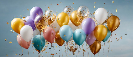 Colorful balloons in gold, purple, white, blue, and pink float with golden confetti against soft blue sky, creating joyful celebration scene