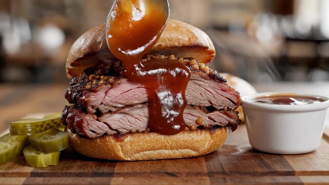 Mouthwatering Beef Sandwich with condiments on wooden table