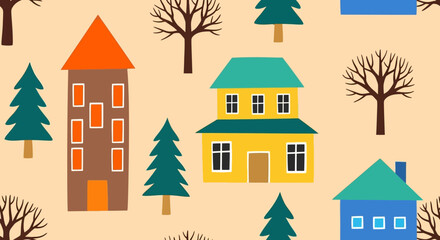 Fototapeta premium Colorful Cartoon Houses and Trees Seamless Pattern for Backgrounds and Designs