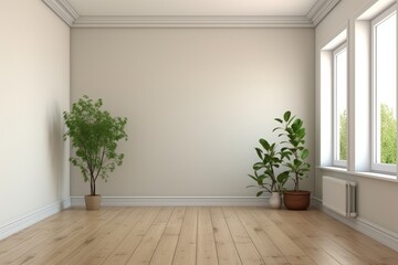Fototapeta premium A minimalist interior space featuring light wood flooring, potted plants, and large windows, creating a bright and airy atmosphere.