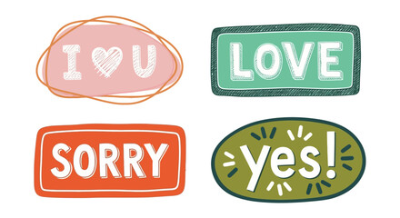 Vibrant hand-drawn vector speech bubbles and badges set featuring common messages like 'I Love You,' 'Love,' 'Sorry,' and 'Yes!' for expressive graphic design projects