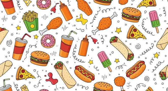 A vibrant and playful illustration of assorted fast food items and drinks scattered across a white background, perfect for a fun and casual theme