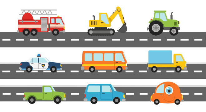 Cartoon Vehicles on the Road Playful Transportation Illustration
