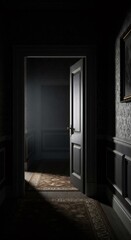 An open door revealing a dark, dusty hallway, creating a mysterious and foreboding atmosphere. For abstract crime and prison concept.