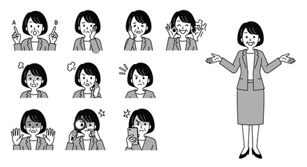 A versatile black and white illustration set of a middle-aged businesswoman showing various facial expressions and a full-body welcoming pose