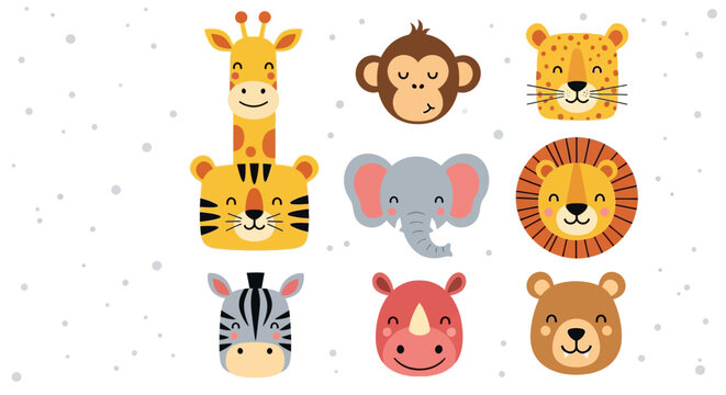 Cute cartoon safari animal faces collection, perfect for children's decor and educational materials