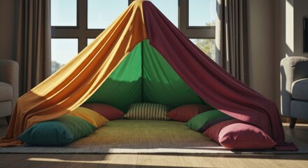Cozy blanket fort, colorful interior, with pillows, on rug in sunlit room