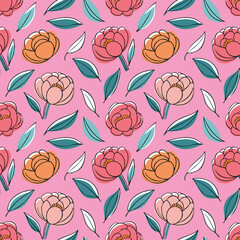 Seamless pattern with stylized peony and leaves.