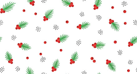 Charming seamless pattern featuring festive red berries and vibrant green pine needles, ideal for holiday backgrounds, gift wrap, and winter seasonal designs