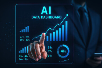 AI data dashboard displays growth metrics with various graphs and statistics, showcasing professional analyzing data trends and performance insights