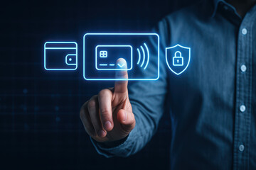 Digital payment technology is represented through hand interacting with virtual icons of credit card, secure shield, and contactless payment symbol, showcasing modern financial transactions