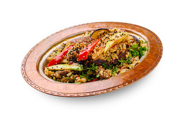 Savory dish with rice, vegetables, and meat served on a copper plate