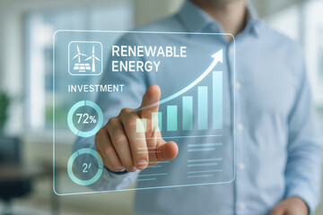 Renewable energy investment shows significant growth trend with 72% increase, represented through digital interface. This captures essence of modern financial technology