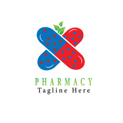 Art & IllustrationModern pharmacy logo design with red and blue capsule cross and green leaf, medical and healthcare vector icon for pharmaceutical company, natural medicine, hospital, or clinic logo