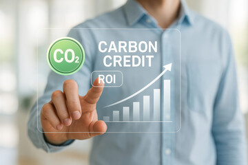 Carbon credit concept with CO2 symbol and ROI indicator, showcasing growth in sustainability investments. person interacts with digital interface, emphasizing eco friendly finance