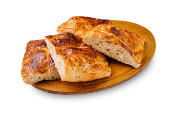 Delicious fresh bread on a wooden plate ready to be enjoyed