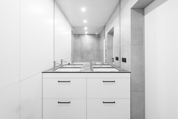 Bright Elegant Modern Minimalist Bathroom Interior Design of Shower Room With White Sink.