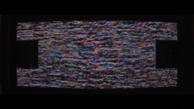 Static TV screen, distorted image in a T-shape, with horizontal colored noise