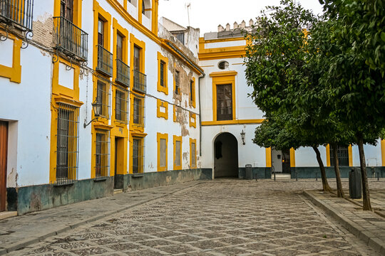 Colourful buildings and cobblestone street at Plaza de Armas in Seville, framed by orange trees and soft light, evoking Andalusian charm and architectural harmony