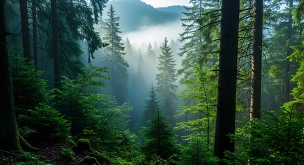 Forest canopy with sunlight rays filtering through the trees and mist