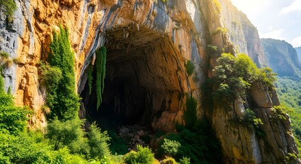 Cliff face overgrown with green vegetation in sunlight