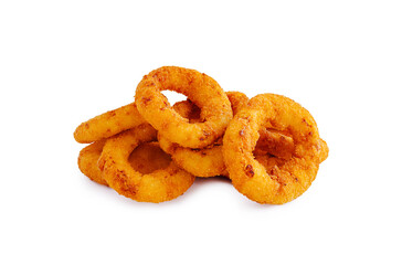 Crispy fried onion rings stacked on a white background ready to enjoy