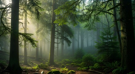 Forest sunlight through trees in a verdant jungle with mist and green foliage