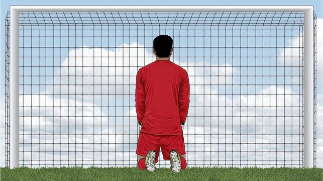 Goalkeeper in Red Uniform Kneeling in Front of Goalpost Against a Blue Sky with Clouds