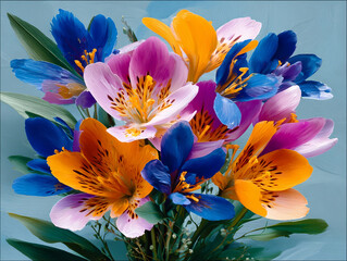 Colorful bouquet of vibrant orange, blue, pink, and purple flowers with green leaves creating lively and cheerful floral arrangement