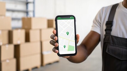 Worker Holding Smartphone with QR Code in Warehouse Setting