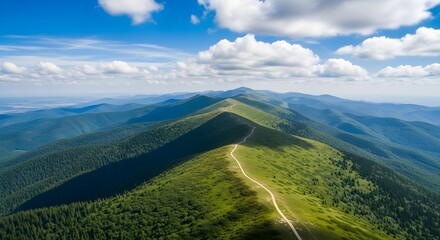 Mountain ridge landscape with clouds and green forest under blue sky