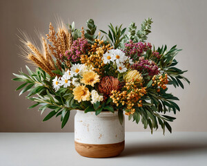 Rustic floral arrangement with white daisies, yellow flowers, wheat stalks, and green leaves in ceramic vase, creating warm natural vibe