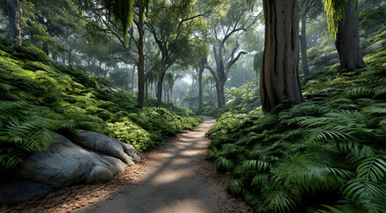Naklejka premium Narrow dirt path winds through lush tropical rainforest, dense green ferns, tall trees, sunlight filtering, peaceful atmosphere