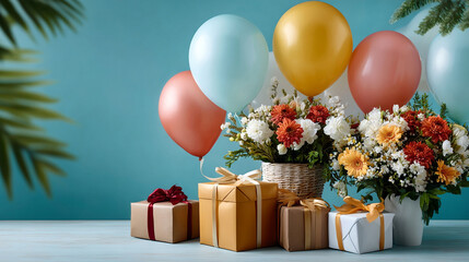 Cheerful birthday setting with pastel balloons, colorful flower bouquets, and wrapped gift boxes on light blue background
