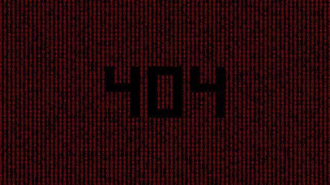 Binary error 404 animation with glitch code and digital failure