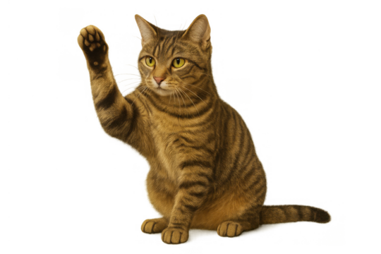 Tabby cat sitting, raising paw in a greeting or high five gesture, animal pet fun on transparent background