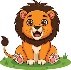 Cute cartoon lion cub sitting on green grass, adorable baby jungle animal illustration, happy wild character for kids and nursery art