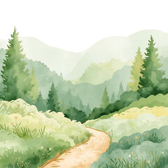 Soft watercolor illustration depicts a tranquil forest landscape with gentle pastel shades. It features green trees,.