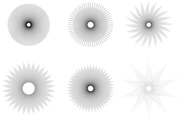 Retro sunburst icon set, sunbeam icon. Spokes with radiating stripes. Vector fireworks set. Beams, rays, sunburst elements. Abstract geometric shapes. Vector illustration.